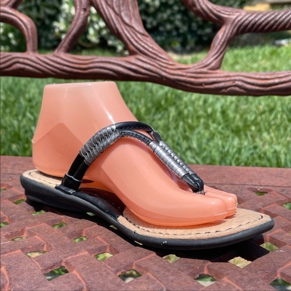 B.O.C. Born Concepts Black & Silver Leather Strappy Thong Sandals